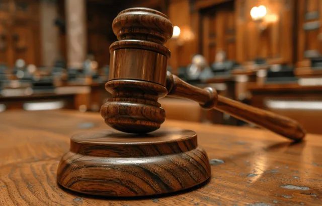 Wooden gavel on a courtroom table with blurred courtroom seating behind it.