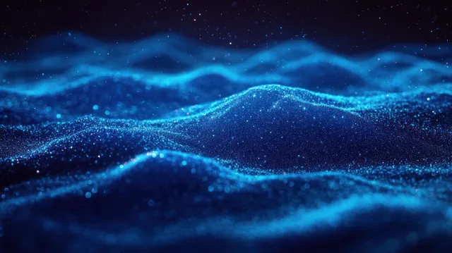 Blue glowing particle waves ripple across a dark starry background with luminous streaks and sparkling texture.