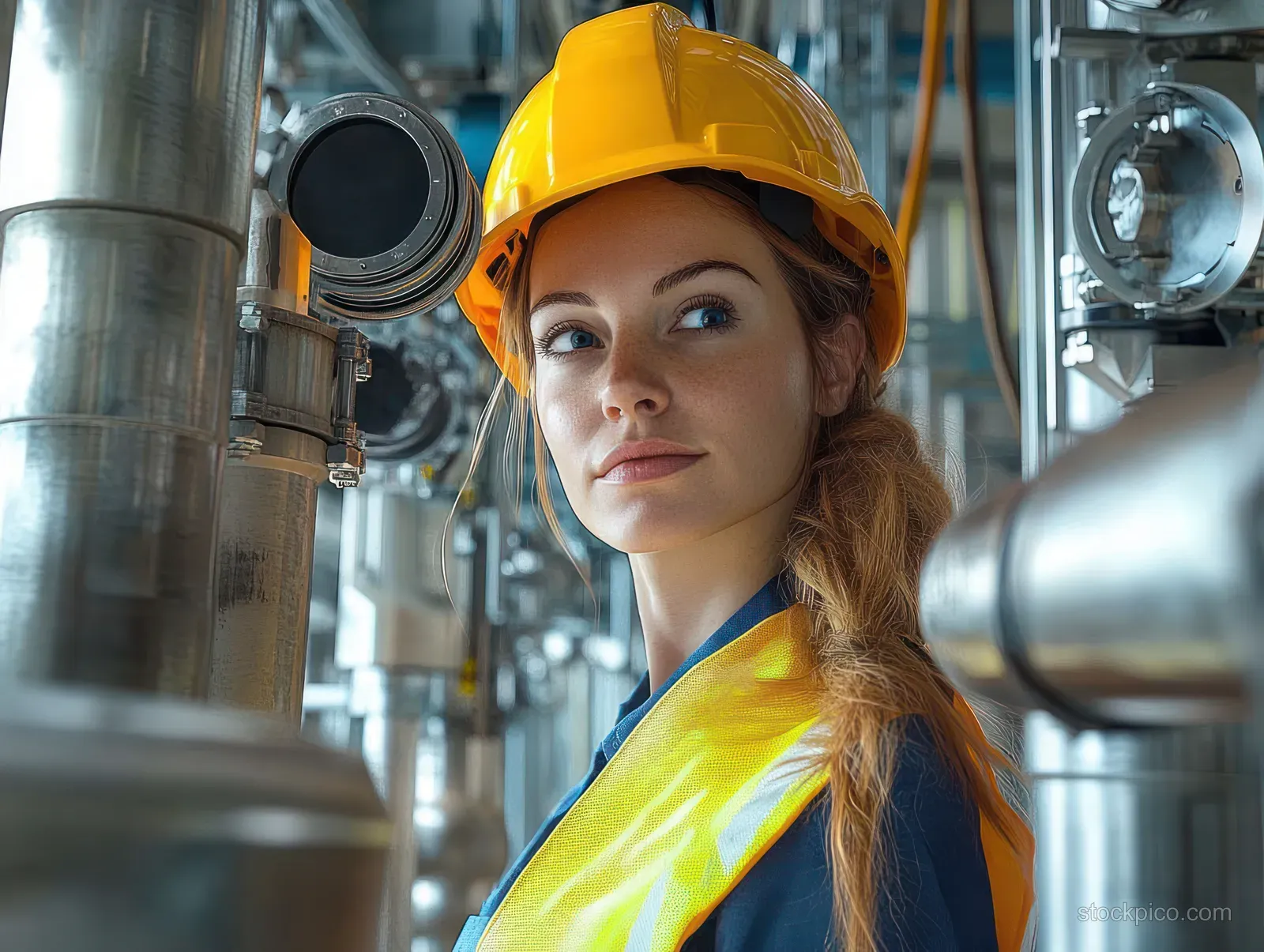 Female factory worker in a yellow helmet and vest stands beside metal pipes, looking thoughtfully to the side.