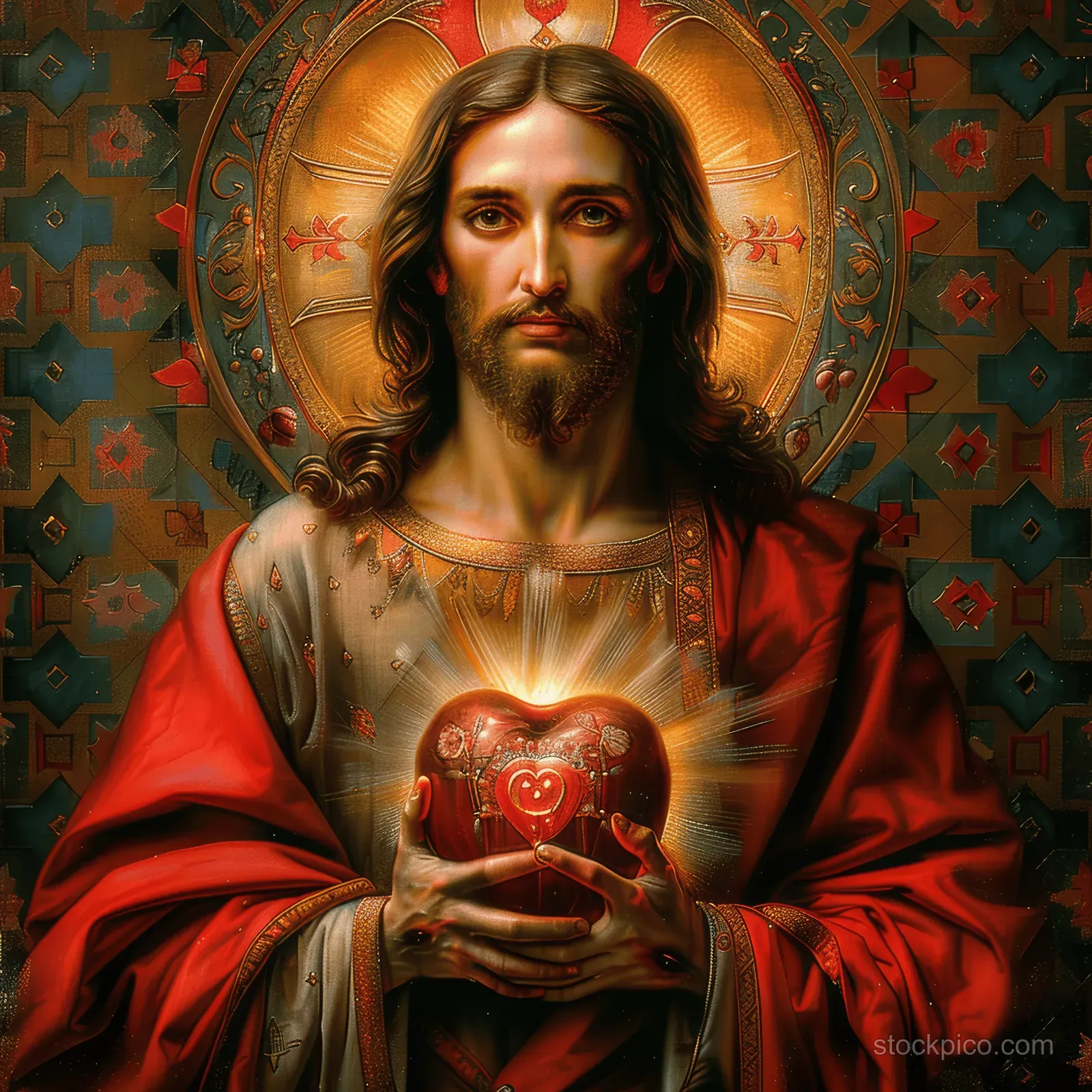Jesus in a red robe holds a glowing Sacred Heart beneath a radiant halo in an ornate background.