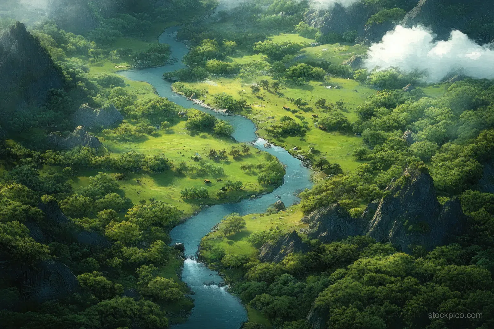 A winding river flows through a lush green valley with dense forest and misty cliffs in the background.