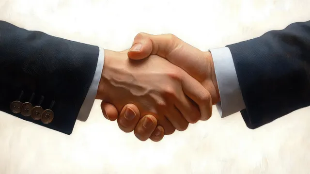 Close-up of two dark-suited hands shaking with visible veins and skin texture.