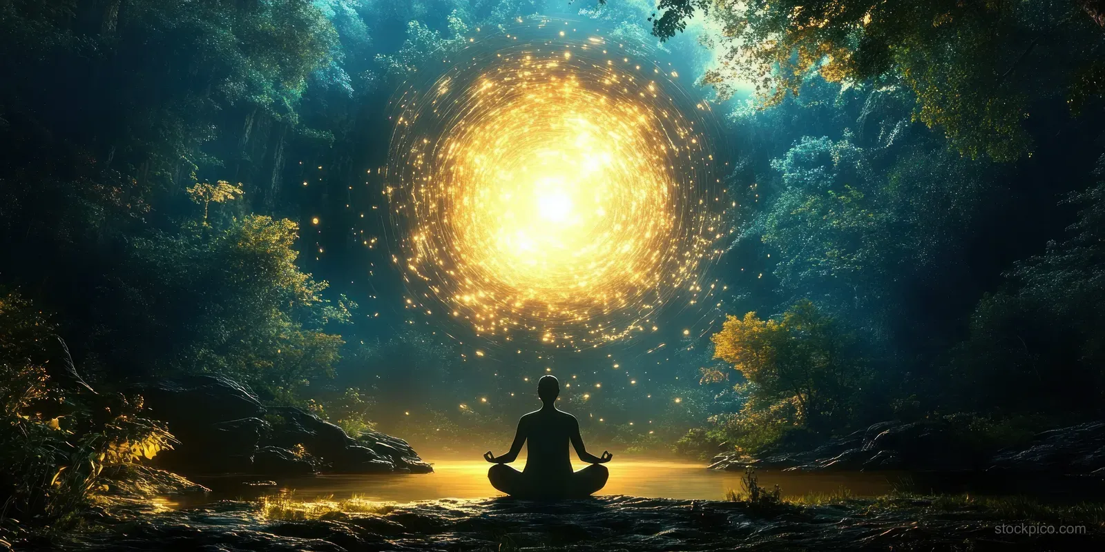 Silhouette meditating by a calm forest lake at night beneath a swirling golden orb of light.