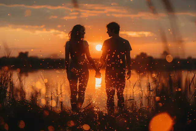 Silhouette young couple holding hands by lake at sunset with glowing ember particles with Hand In Hand