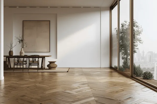 Minimalist dining room with wooden table, large windows, and distant city skyline with Natural Light And Windows