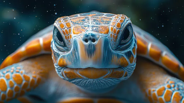 Close-up sea turtle portrait underwater, detailed shell patterns and expressive eyes with Shallow Depth Of Field