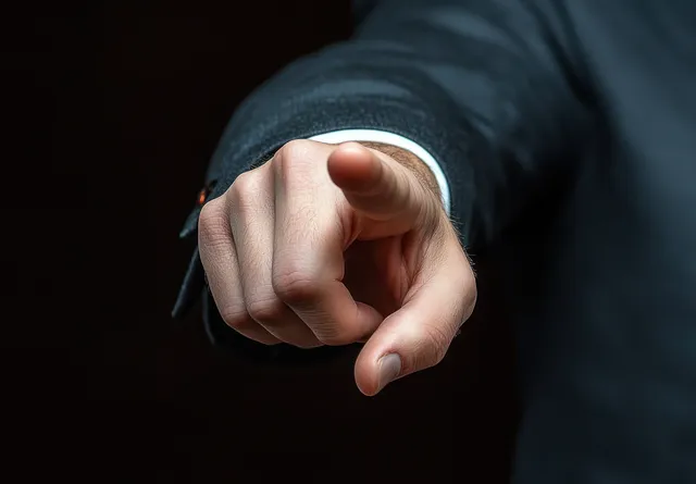 A close-up of a formal-suited hand pointing assertively against a black background.