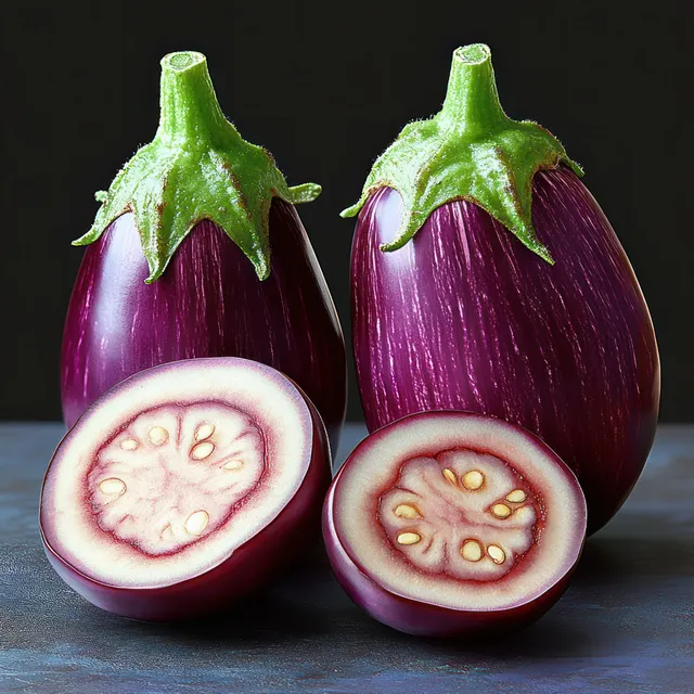 Two striped purple eggplants with sliced halves on dark background