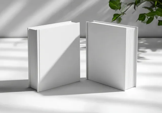 Blank vertical book mockup standing on soft-lit bed with clean white covers