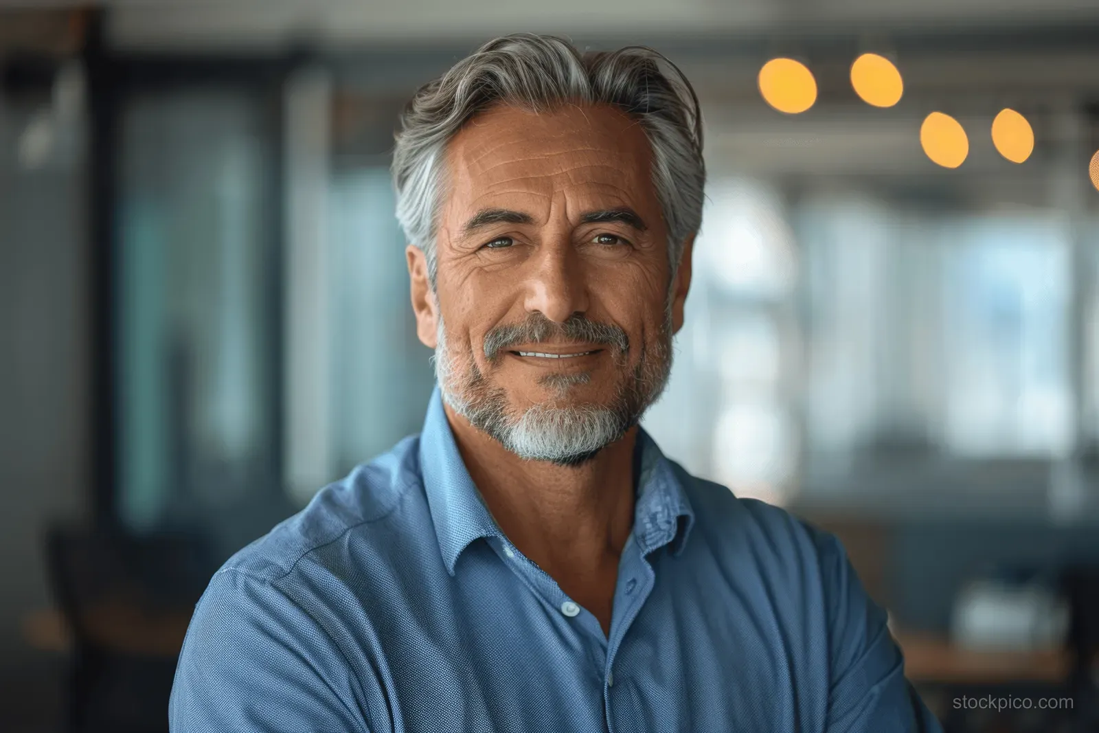 A smiling senior businessman in a blue shirt sits in an office with softly blurred background lights.