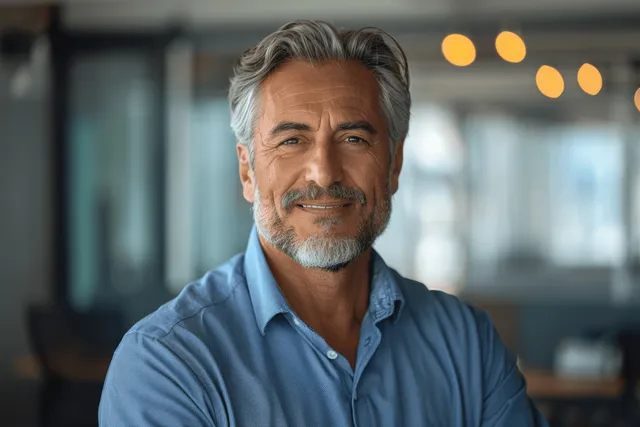A smiling senior businessman in a blue shirt sits in an office with softly blurred background lights.