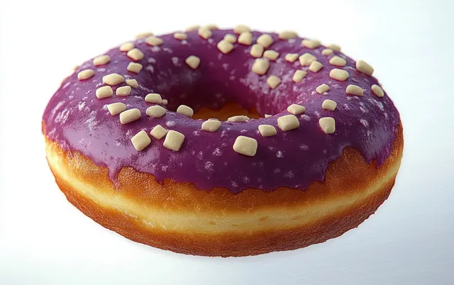 Close-up glazed donut with purple icing and white square sprinkles on white backdrop