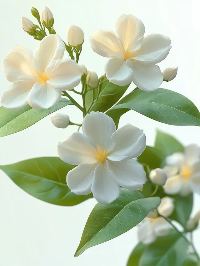 White blossoms on slender stems with buds, soft natural light against a pale background