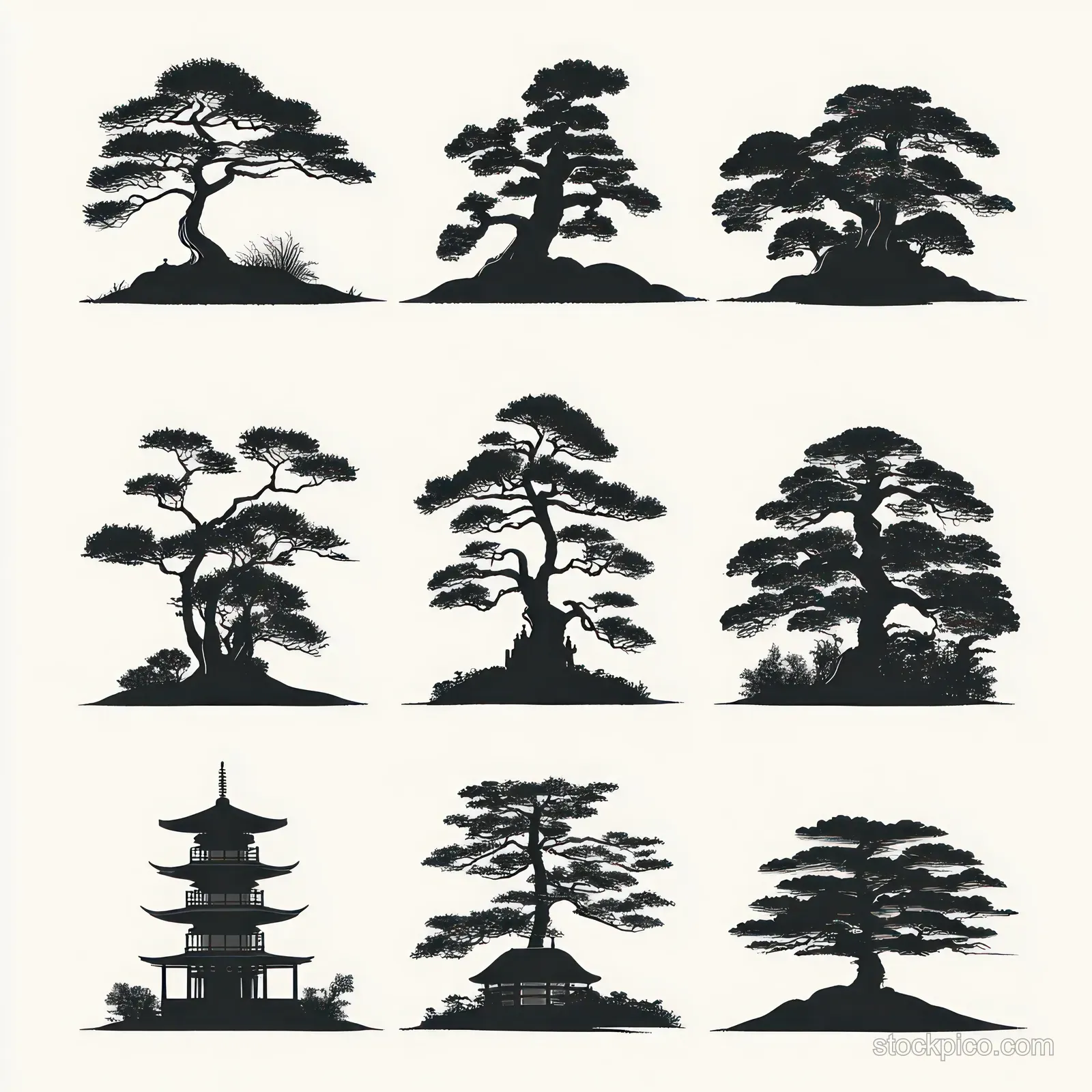 Nine black silhouette bonsai trees and two pagoda buildings appear on small hilly landscape shapes.