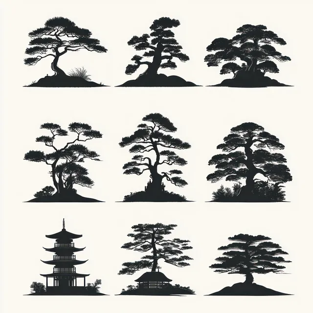 Nine black silhouette bonsai trees and two pagoda buildings appear on small hilly landscape shapes.