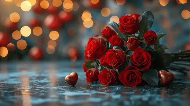 Red rose bouquet on a table with heart-shaped balloons and warm bokeh lights in the background.