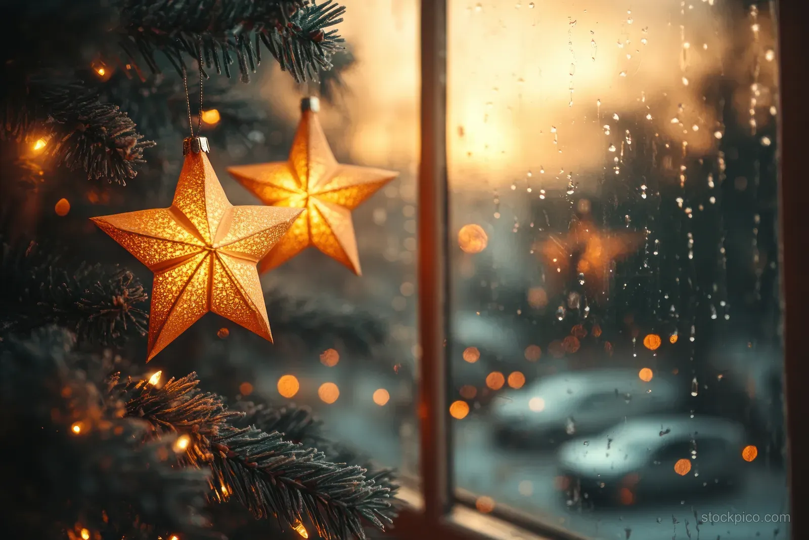 Glowing star lanterns hang near a decorated Christmas tree in a cozy winter living room by a window with falling snow.