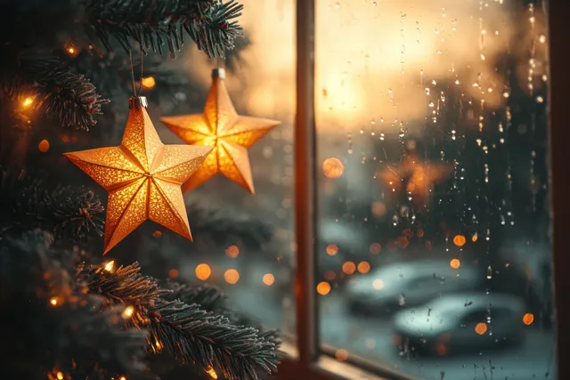 Glowing star lanterns hang near a decorated Christmas tree in a cozy winter living room by a window with falling snow.