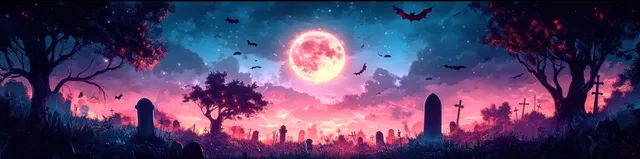 Halloween graveyard landscape under full moon with bats and eerie haunted trees at night
