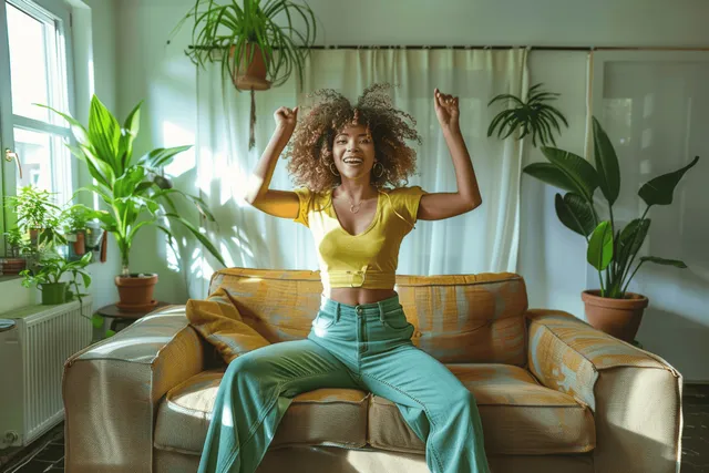 Smiling woman jumps on a sofa in a bright living room, surrounded by potted houseplants.