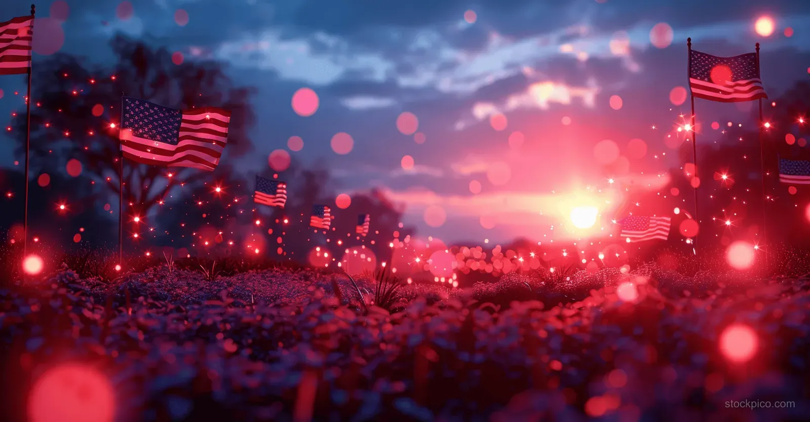 American flags wave above a dense crowd while fireworks explode in a red-blue dusk sky.