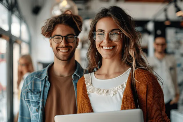 Cheerful businesswoman standing with laptop beside smiling colleague in bright modern office