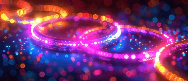 Glowing neon rings and colorful bokeh lights spread across a dark background with bright light streaks.
