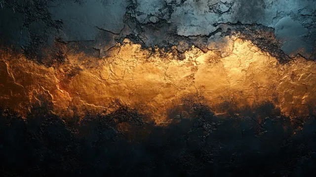 Gold and black abstract gradient painting with a cracked, textured canvas surface and soft smoky light.