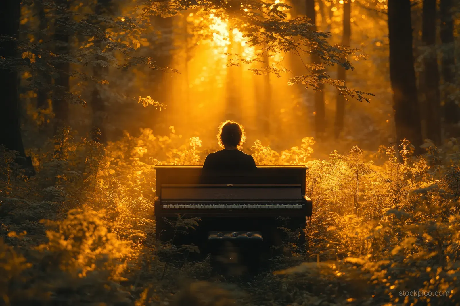 A girl sits at an outdoor piano in a golden forest with sunlight rays and drifting haze.