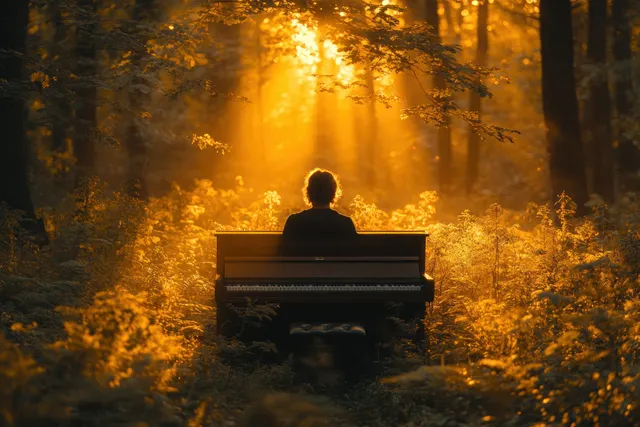 A girl sits at an outdoor piano in a golden forest with sunlight rays and drifting haze.
