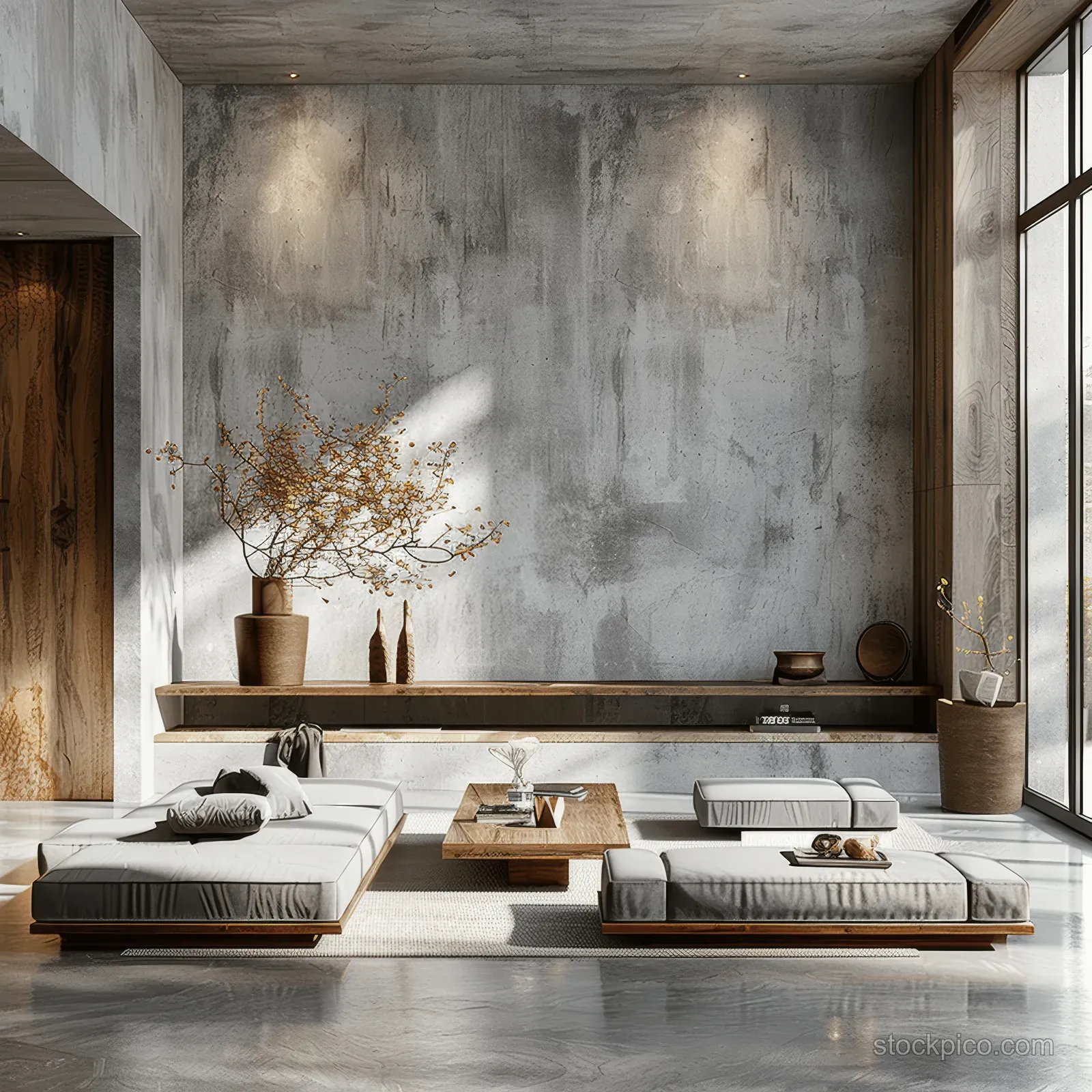 Minimal Japandi living room with low wooden lounge seating, coffee tables, a concrete wall, and potted plants in sunlight.