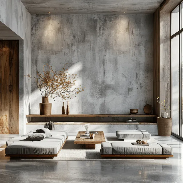 Japandi living room with concrete wall, wooden furniture, and sunlit minimalist lounge seating