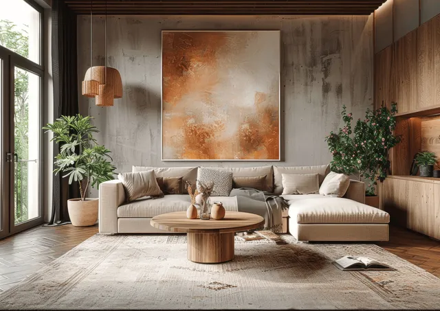 Beige sofa living room with abstract painting, wood wall panels, plants, pendant lights, and natural window light.