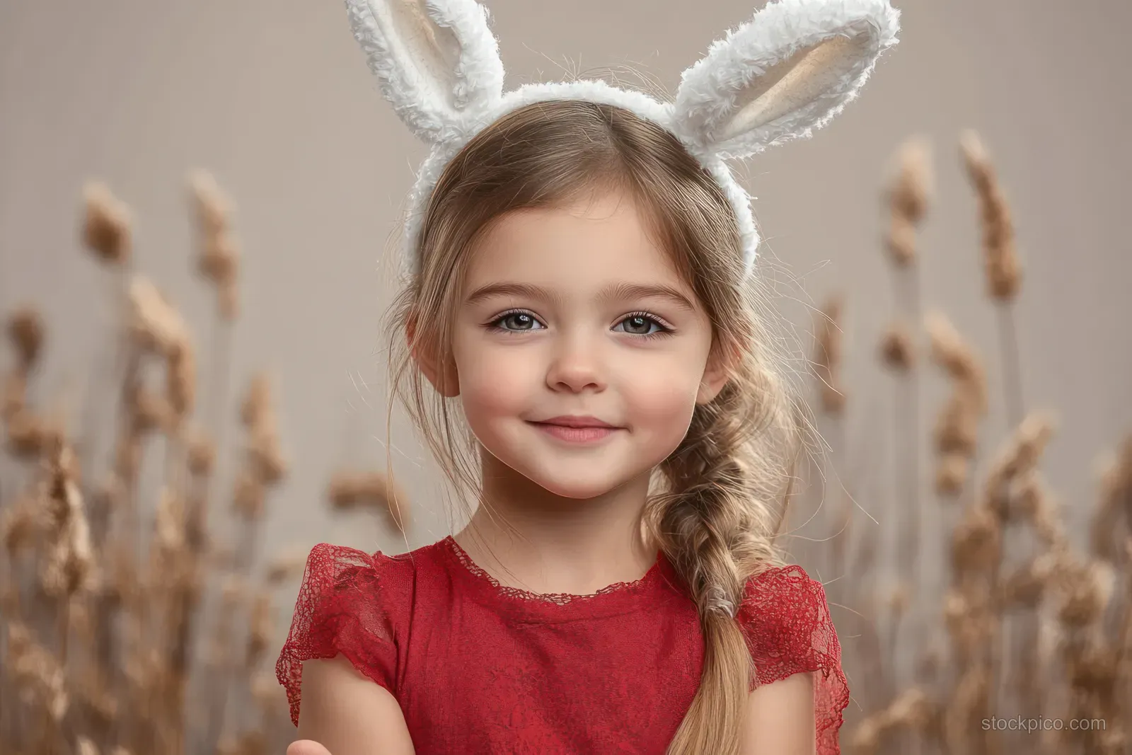 Smiling girl in a red dress wearing fluffy bunny ears headband with braided hair against blurred dried plants.