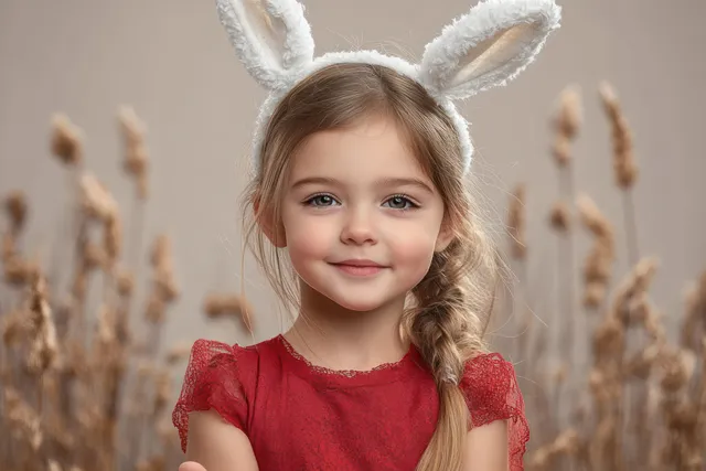 Smiling girl in a red dress wearing fluffy bunny ears headband with braided hair against blurred dried plants.