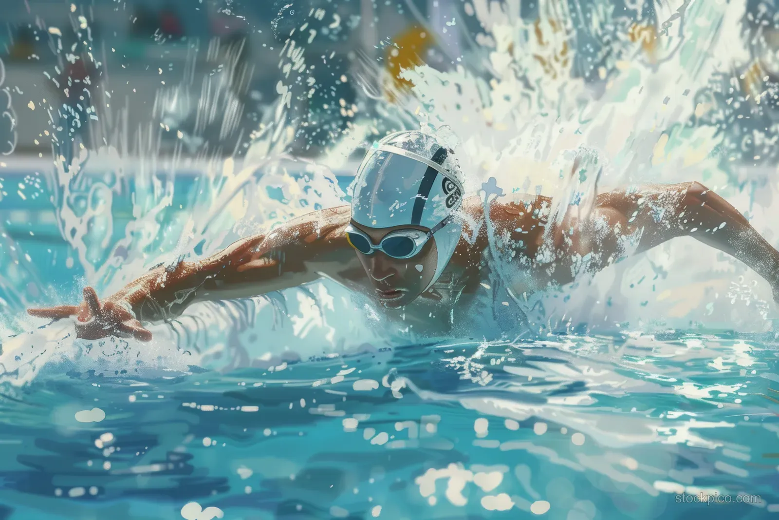 Modern pentathlon swimmer dives into an indoor pool, creating a large splash and water droplets.