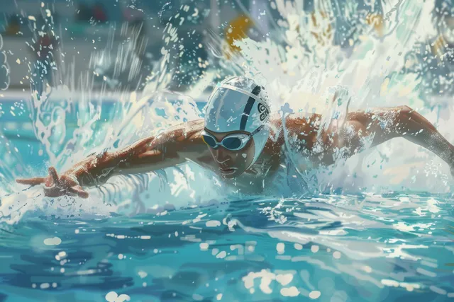 Modern pentathlon swimmer dives into an indoor pool, creating a large splash and water droplets.