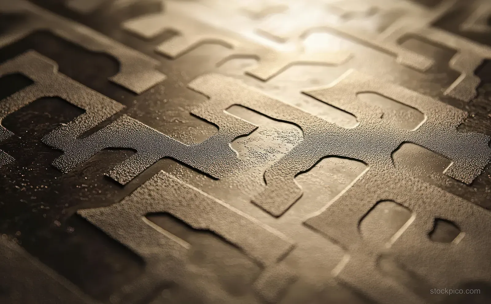 Close-up arrow-shaped relief pattern on a textured surface with dramatic side lighting and deep shadows.