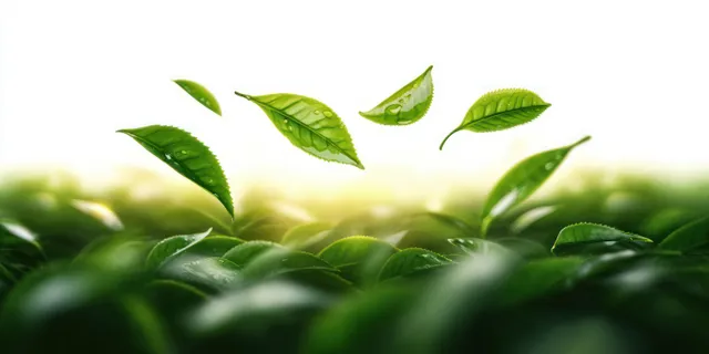 Green leaves with water droplets float over a sunlit lush plant bed with visible leaf veins and moisture.