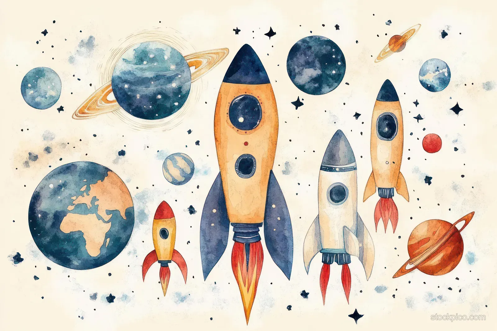 Watercolor illustration shows astronaut baby figures on rockets with surrounding planets, moon, and stars.