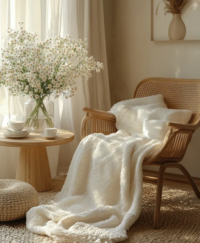 A wooden chair draped with a light blanket sits beside a small table with white flowers in warm Scandinavian light.