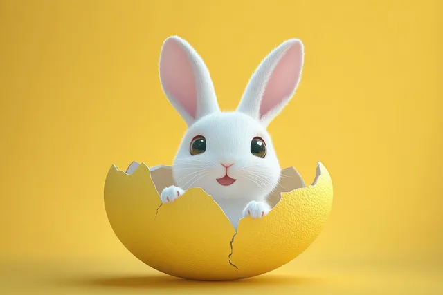 A white bunny peeks out of a cracked yellow eggshell with large eyes against a bright yellow background.