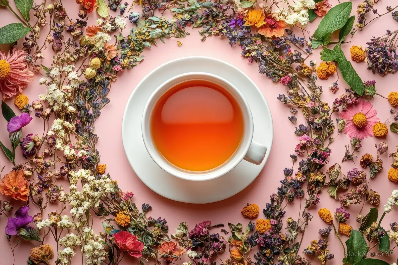 A white cup of herbal tea on a saucer surrounded by dried flowers and green leaves on a pastel pink surface.