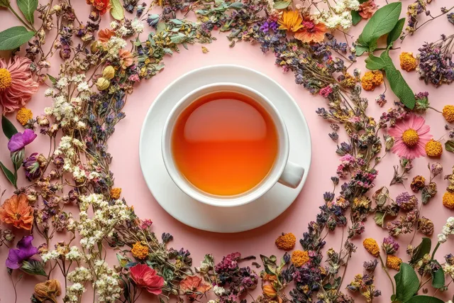 A white cup of herbal tea on a saucer surrounded by dried flowers and green leaves on a pastel pink surface.