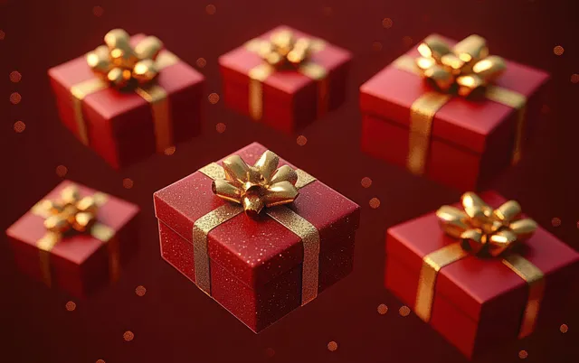 Several red gift boxes with golden bows float over a dark red sparkling holiday background.