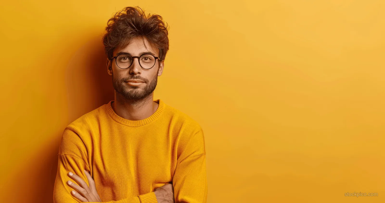 Young man in glasses and orange sweater stands with arms crossed against a bright yellow wall.