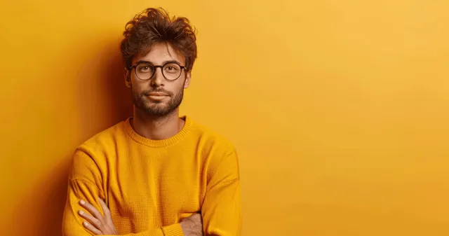 Young man in glasses and orange sweater standing with arms crossed against yellow wall