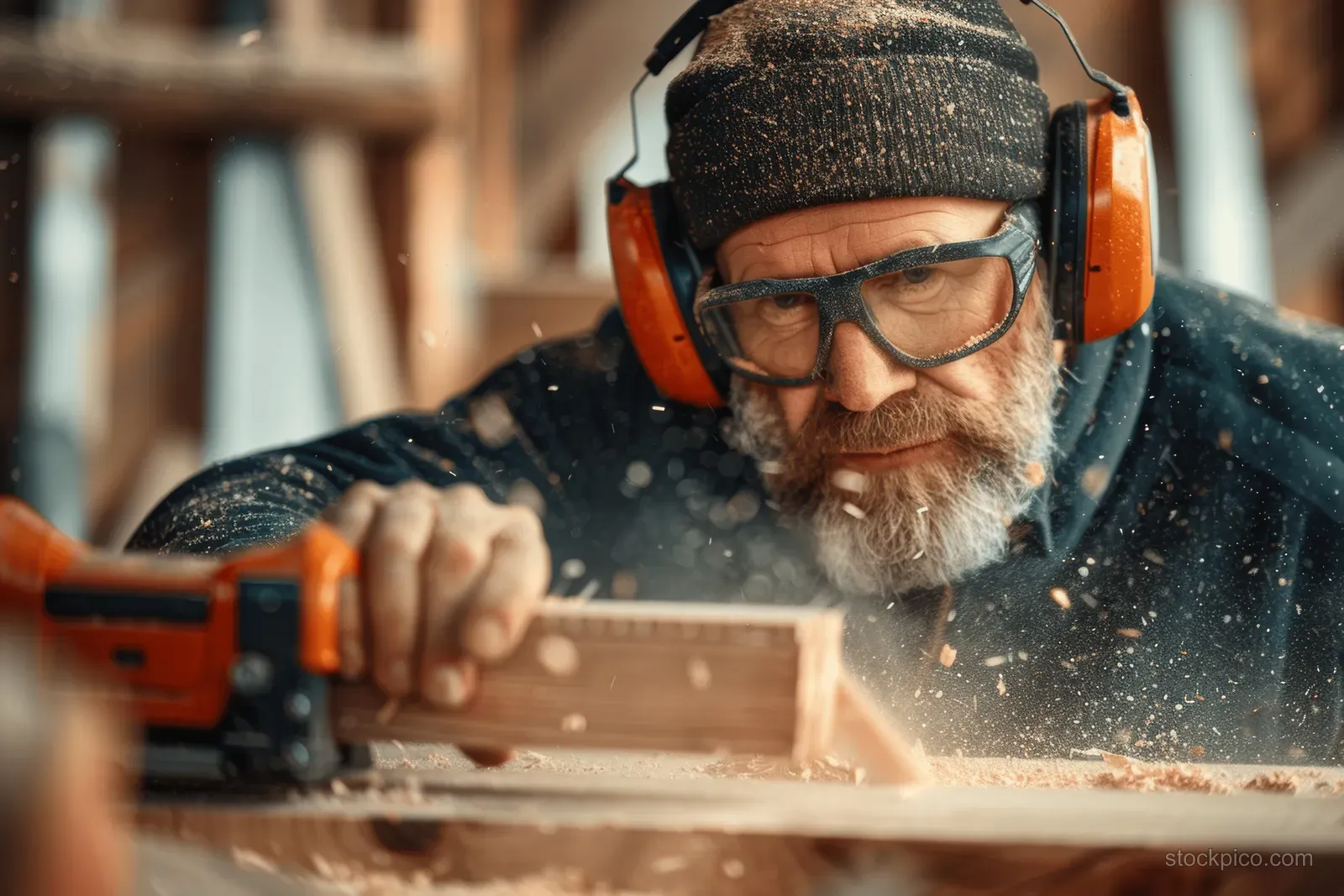 Carpenter planes a wooden plank in a workshop as sawdust flies from the tool.