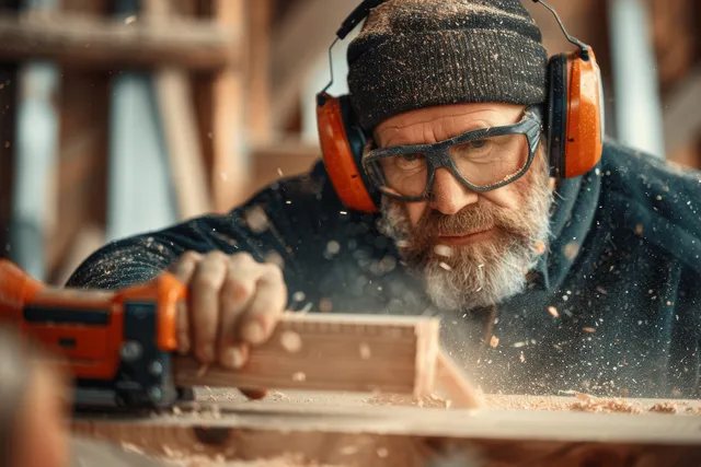 Carpenter planes a wooden plank in a workshop as sawdust flies from the tool.