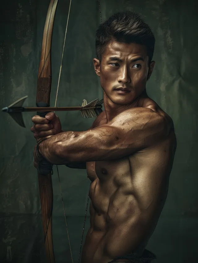 Determined archer draws a bow in dark studio lighting, focused gaze and tension